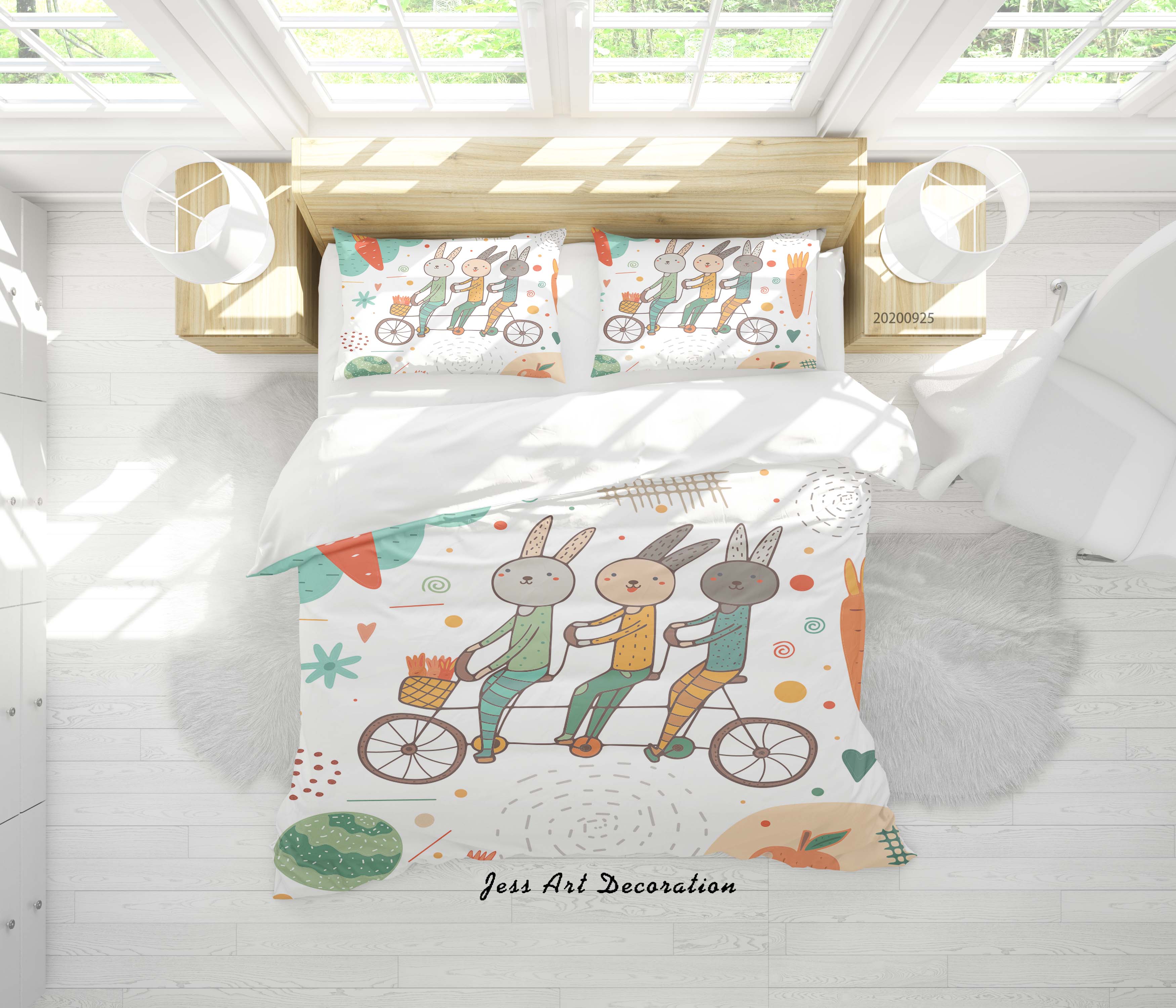 3D Cartoon Animal Rabbit Bike Pattern Quilt Cover Set Bedding Set Duvet Cover Pillowcases Wj 6462