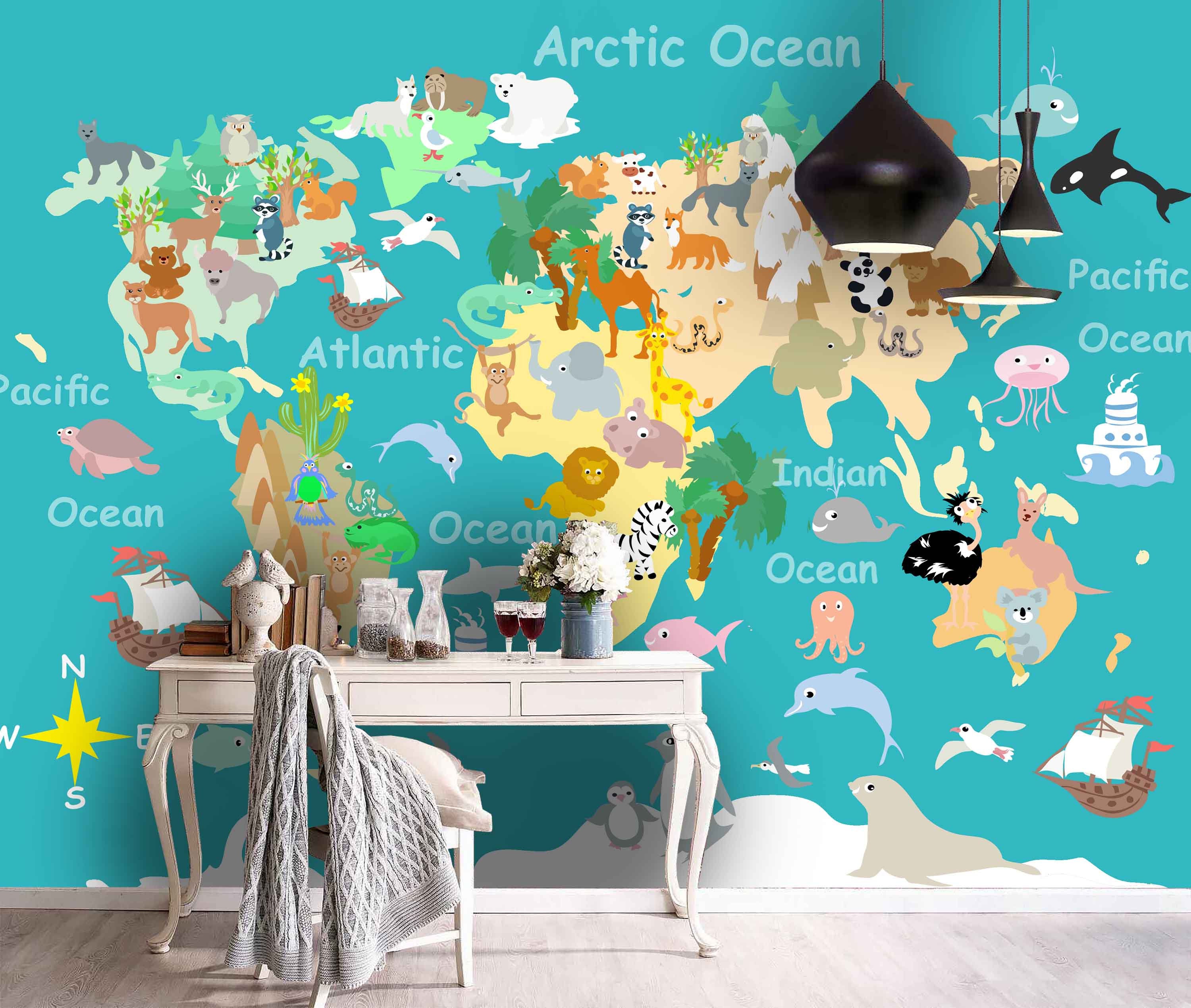 3D Kids, Animal, World Map Wallpaper-Nursery