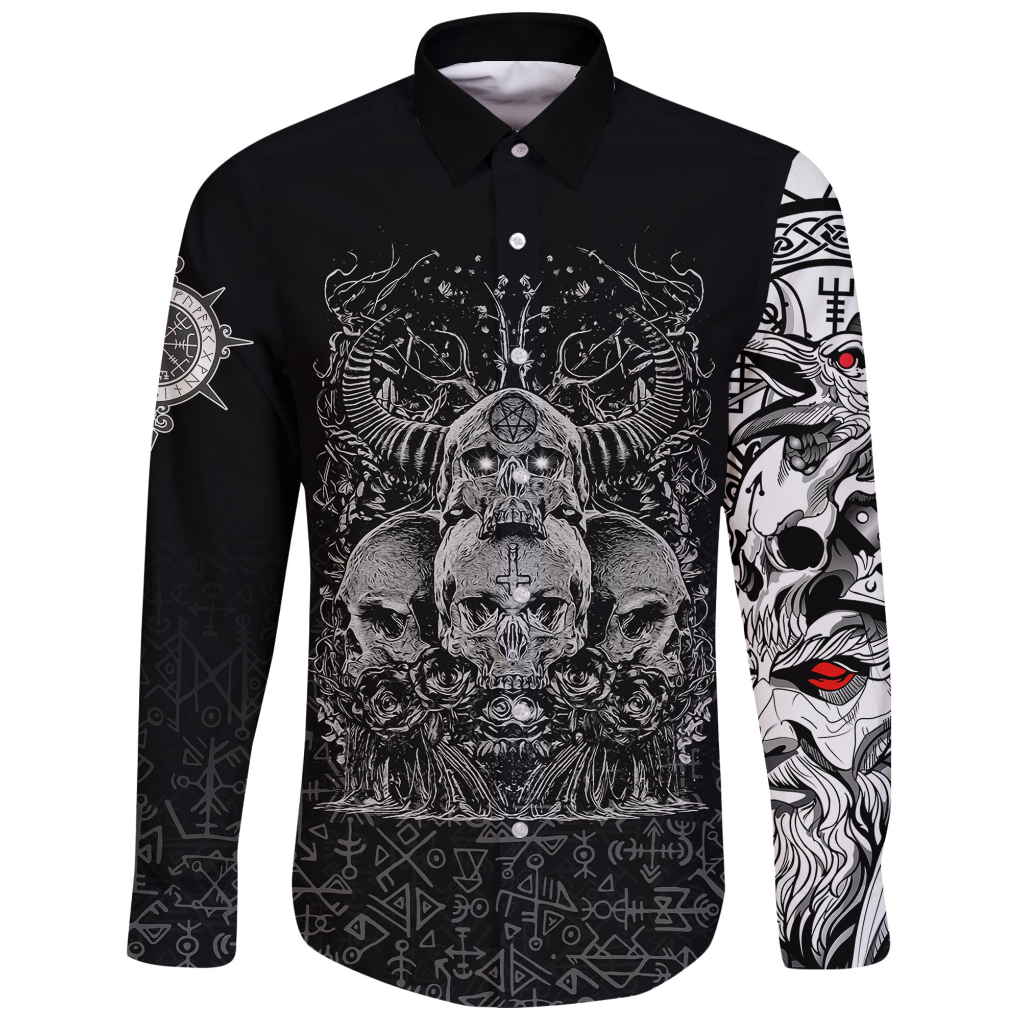 (Custom) Viking Skull Hornor Long Sleeve Button Shirt A27