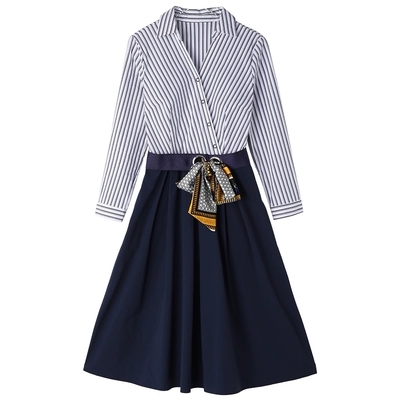 Autumn Winter Dress Womwn stripe Shirt Dress Office ladies elegant Patchwork A-line Bandage Tunic Dresses With Sashes Vestidos alx