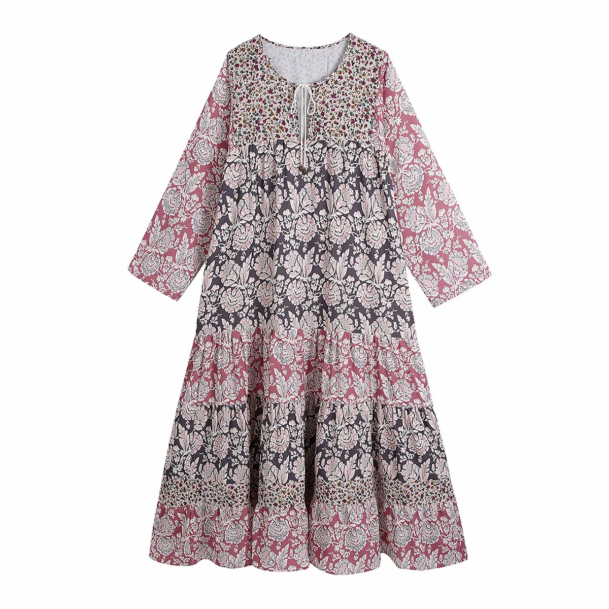 Zevity New Women Vintage V Neck Lace Up Floral Print Patchwork Loose Straight Midi Dress High Street Female Retro Vestido DS8607 alx