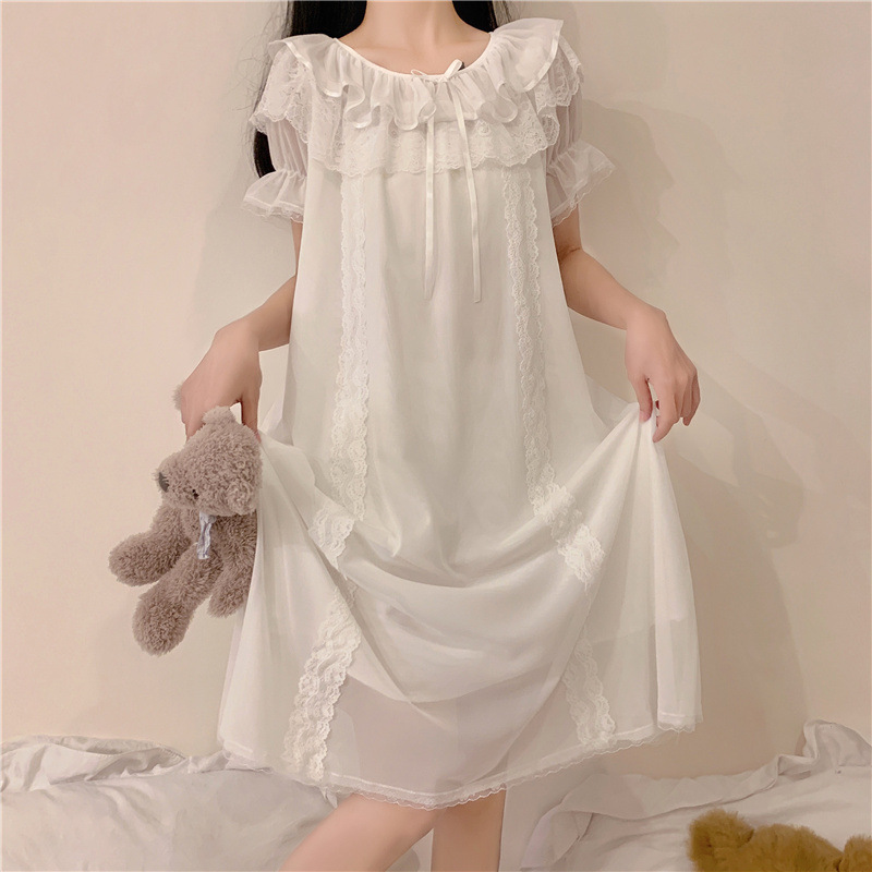 Vintage Women’s Sleepwear Princess Dress Mesh Sleepshirts Royal Style Bow Lace Nightgowns.Ladies Girl’s Cute Nightdress Nightie alx