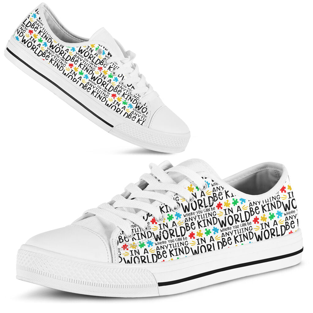 N A World Where You Can Be Anything Be Kind Autism Awareness Low Top Shoes 0622