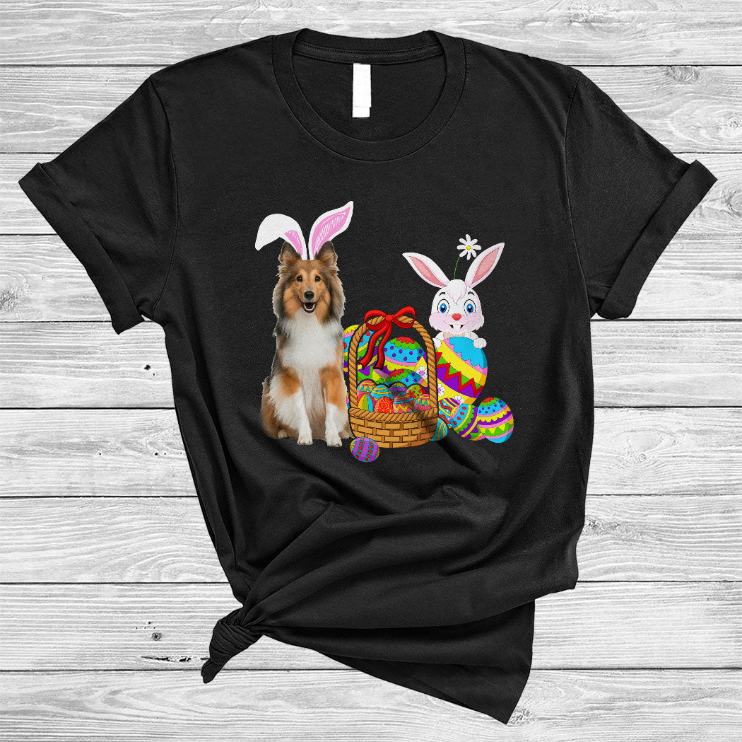 Bunny Sheltie Dog With Easter Egg Basket Cute Happy Easter Day Bunny Dog Lover Gifts T-Shirt