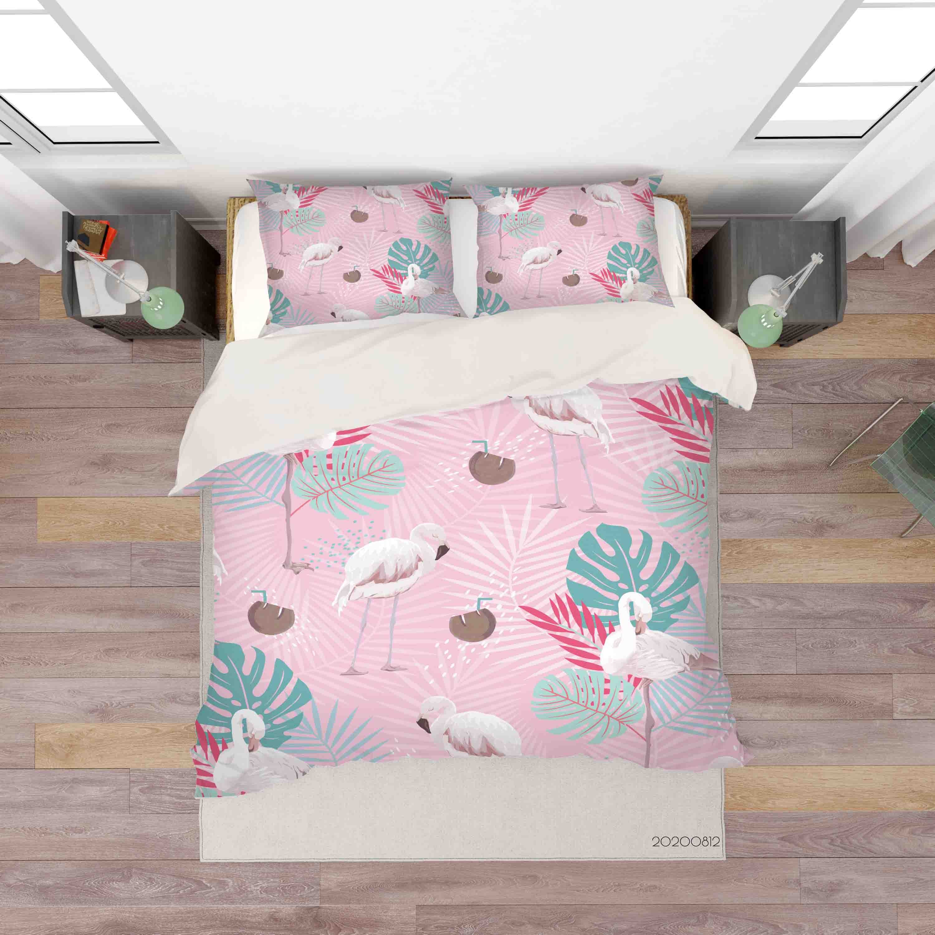 3D Hand Drawn Flamingo Animal Plant Pink Quilt Cover Set Bedding Set Duvet Cover Pillowcases Lxl