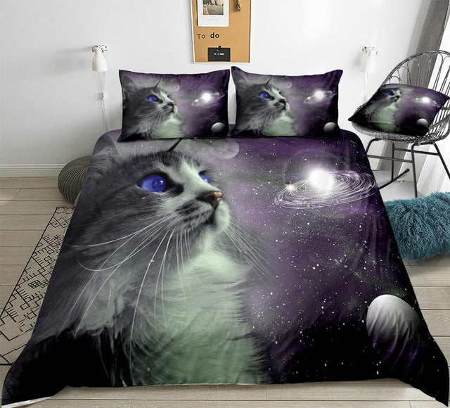 3D Galaxy Space Cat Animals Duvet Cover Set, Microfiber Fabric, Twin/Full/Queen/King Bedding