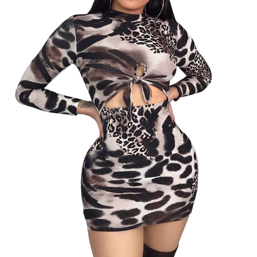 Long Sleeve Bandage Evening Party Leopard Print Sexy Dress