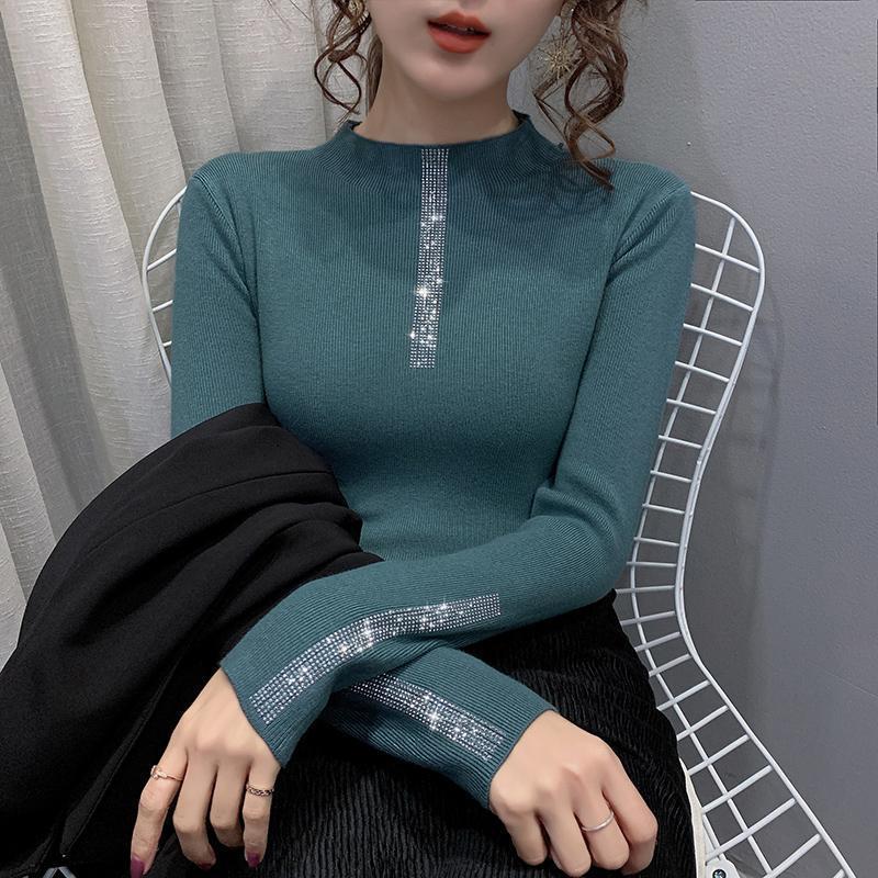 Woman Sweaters Rhinestone Fall/Winter Slim Top Black Knitted Women’s Long Sleeves Inner Wear Sweater alx