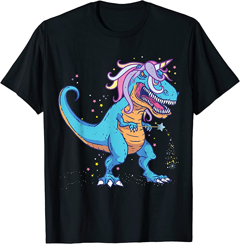 T-Rex Tyrannosaurus with unicorn horn with magic wand T-Shirt