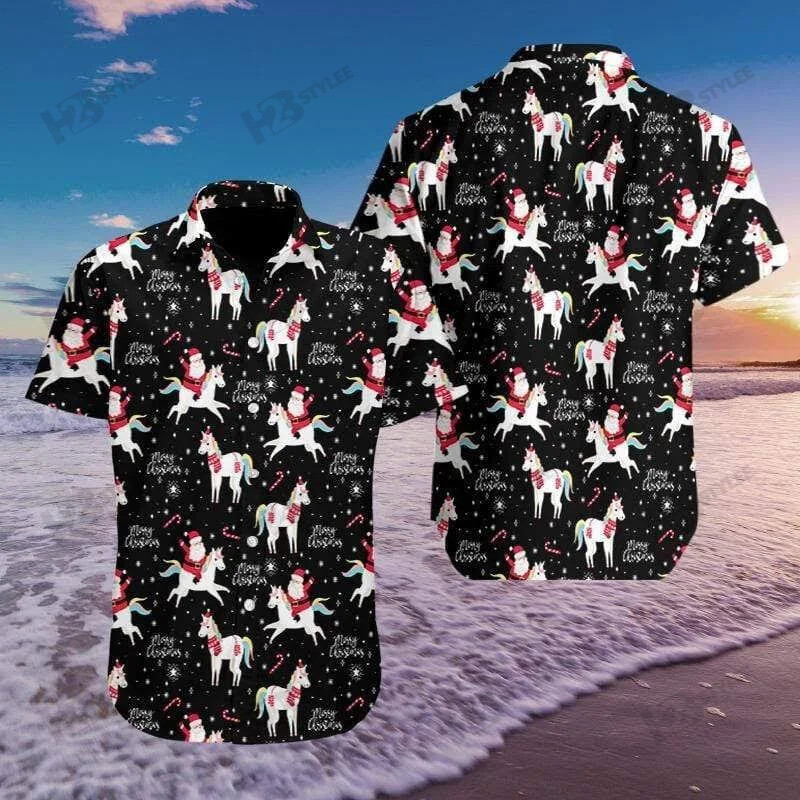 Funny Santa And Unicorn Summer Tropical Hawaii Aloha All Over Printed Hawaii Shirt Size S Ha53990