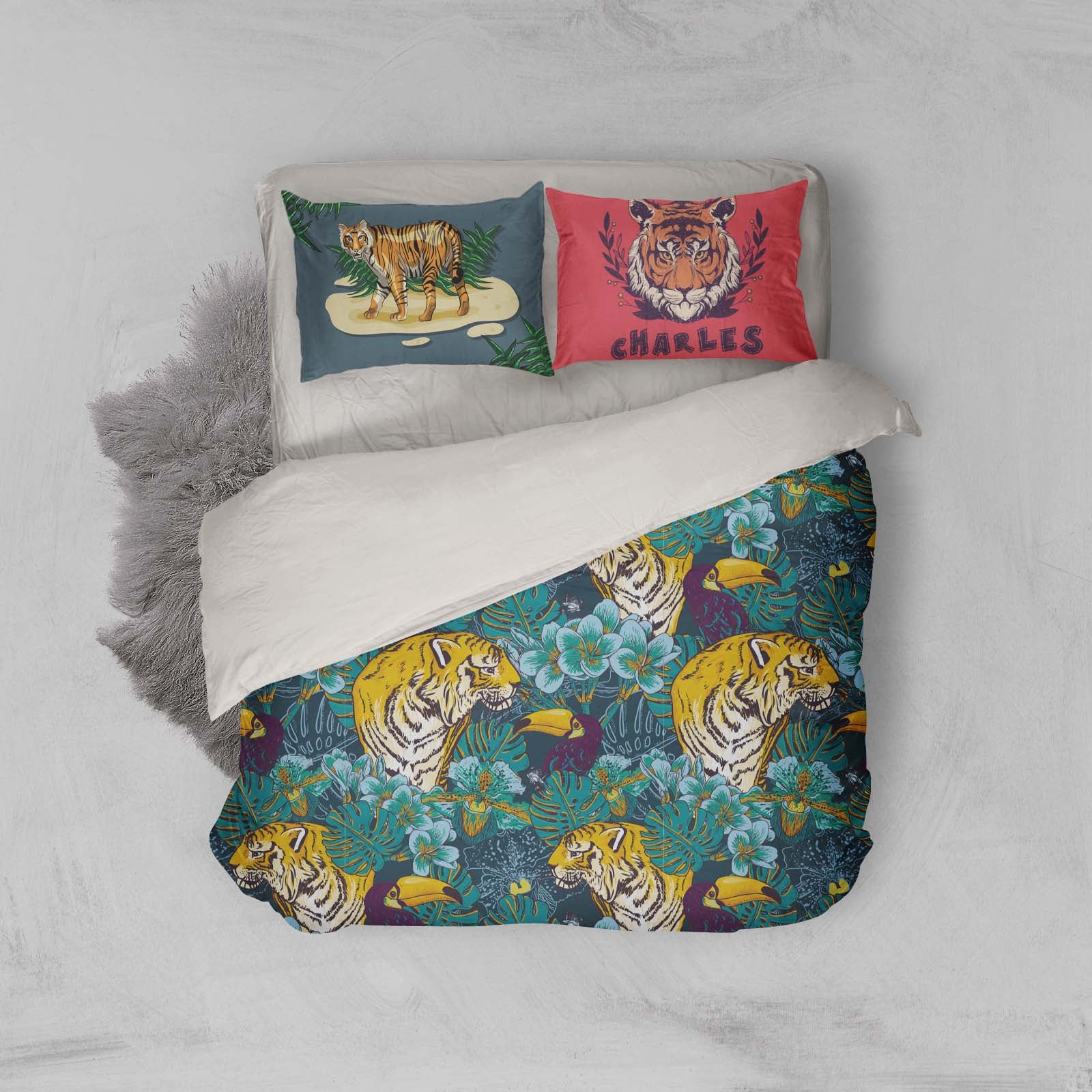 3D Tiger Green Leaf Quilt Cover Set Bedding Set Pillowcases 36