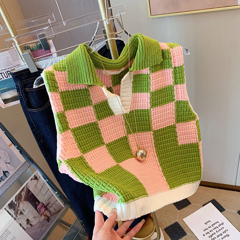 Sweater Vests Women Casual Soft Plaid V-neck Lovely Young Design Fashion Korean Style All-match Retro Ulzzang New Popular Ins alx