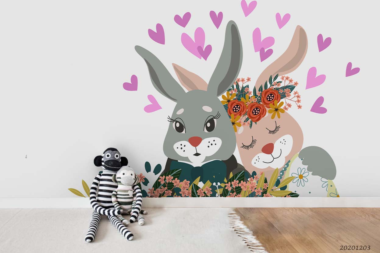 3D Cartoon Bunny Couple Animal Heart Wall Mural Wallpaper Lxl