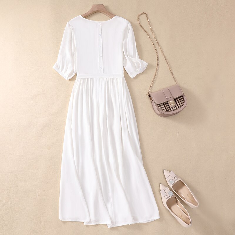 2022 New Arrival Thin Soft Loose Cozy White Summer Dress Holiday Travel Casual Midi Dress Office Lady Work Dress alx