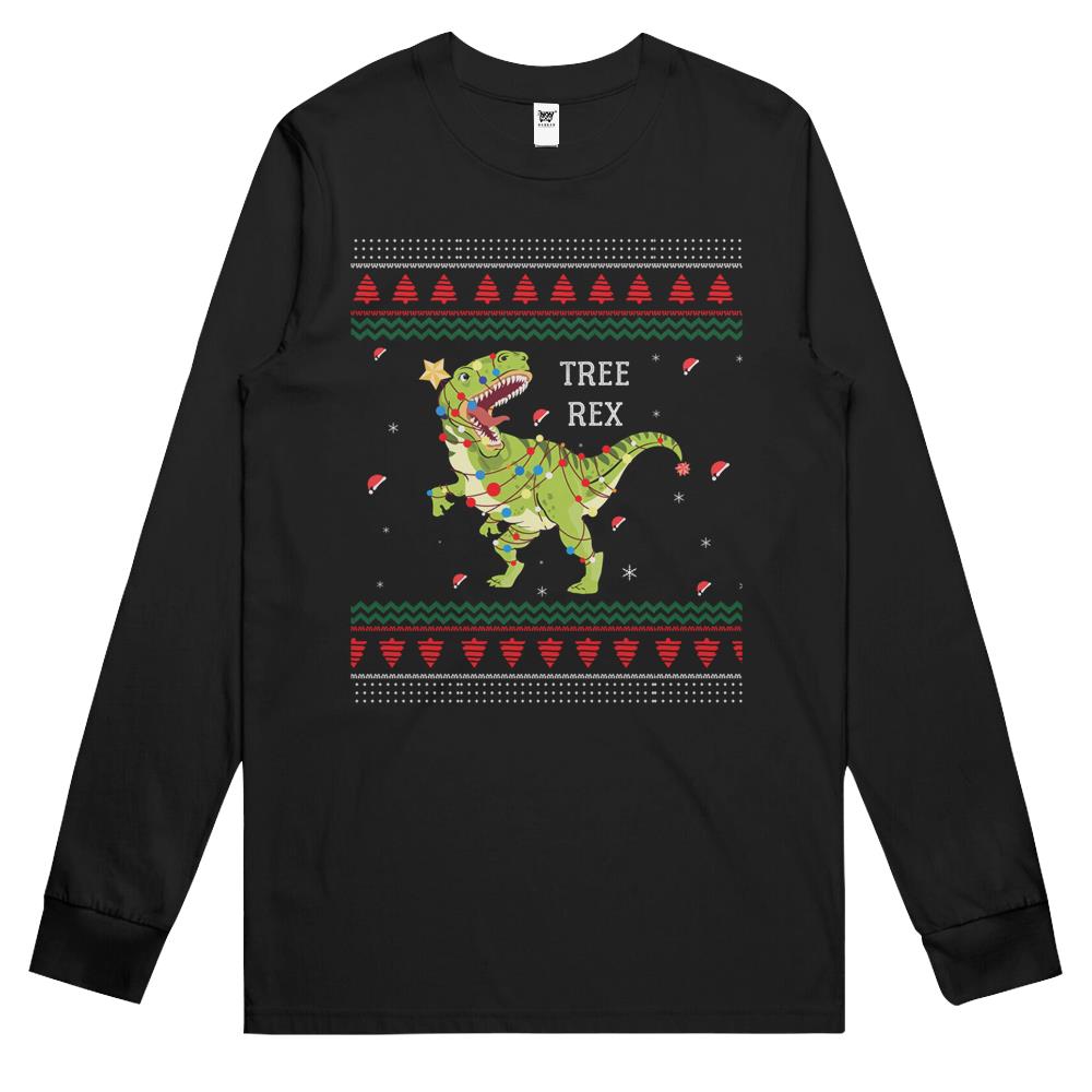 Tree Rex Trex Dinosaur Light Ugly Christmas Sweater Pajamas Long Sleeve T Shirts