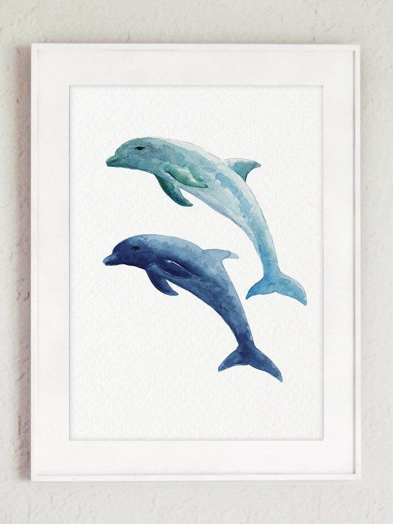 Dolphin Nursery Decor, Two Dolphins Oceanic Life Poster