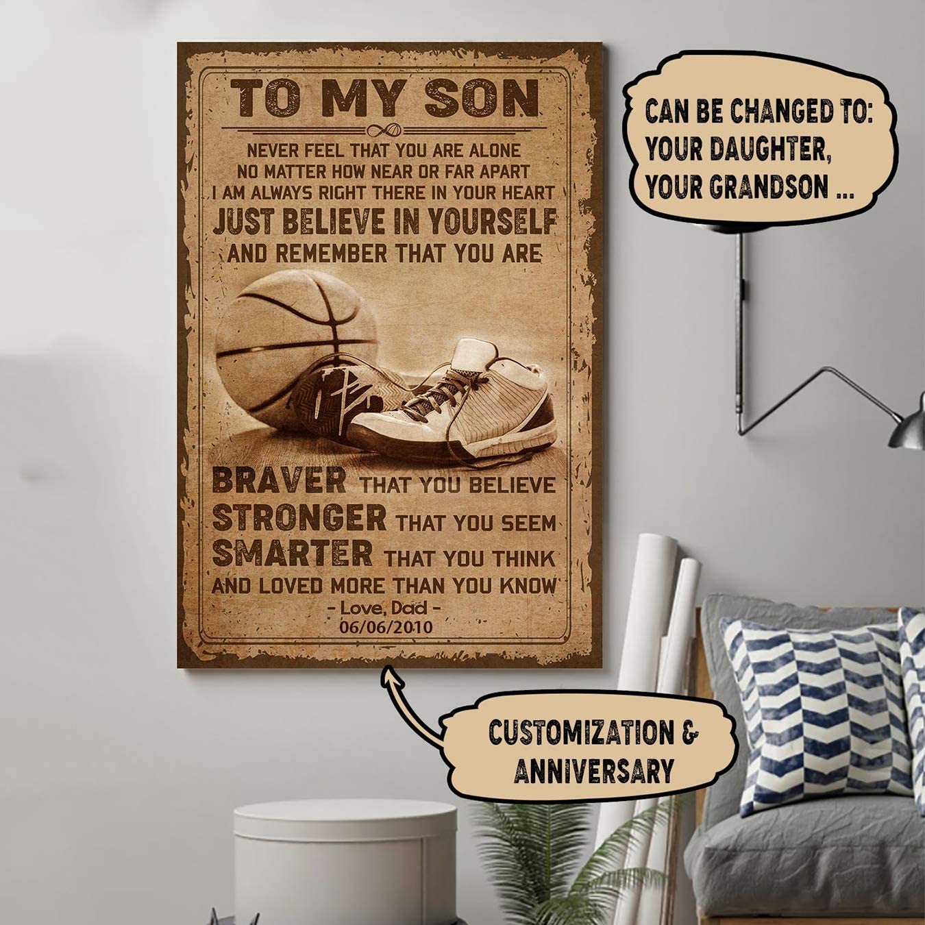 Poster for Room Aesthetic -Command Strips Wall Decor – Ly108 Customizable Basketball Poster – Dad to Son – You are Braver