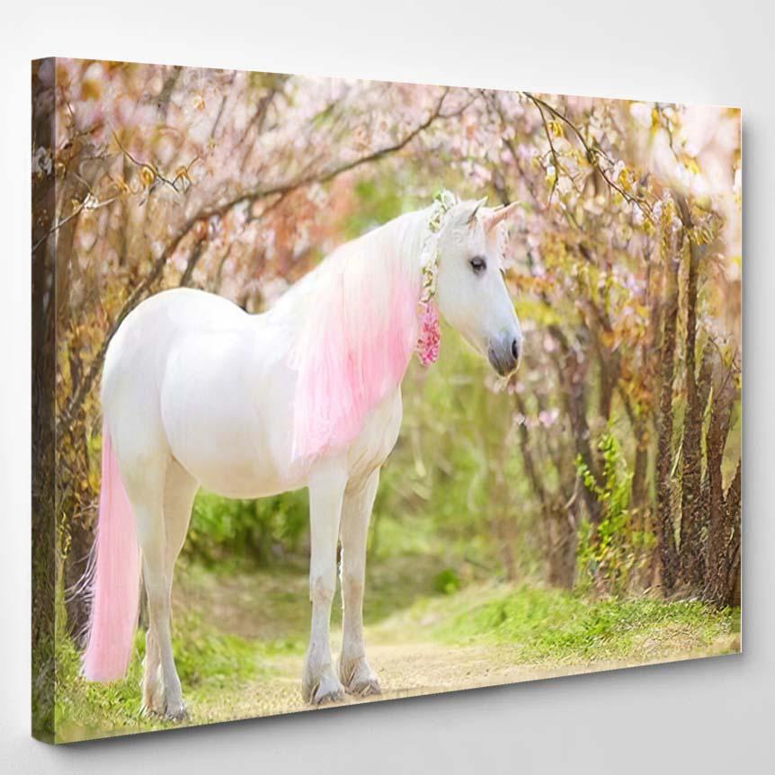 Photo Snowwhite Unicorn Pink White Mane 1 – Deer Animals Canvas Print