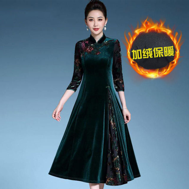 Women Golden Velvet Improvement Cheongsam Dress 2022 Spring Ｎew High-end Middle-aged Mother Elegant Party Dress 5XL W2442 alx