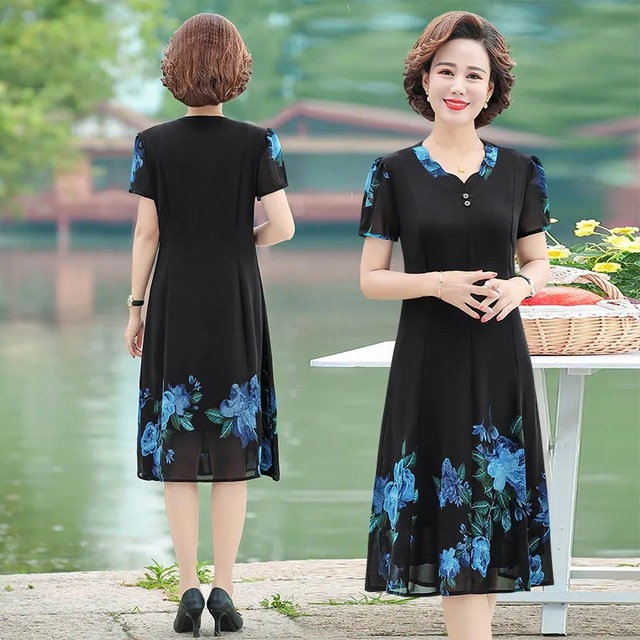 Summer Women Dress New Fashion Printed Chiffon Mid Long Beach Dress Slim Middle-aged Female Party Dresses Vestidos alx