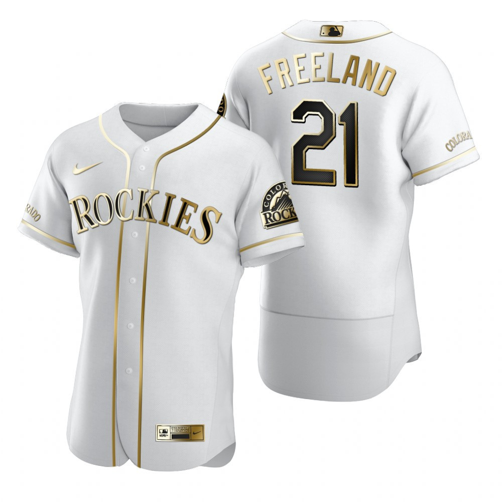 Colorado Rockies #21 Kyle Freeland MLB Golden Brandedition White Jersey Gift For Rockies Fans