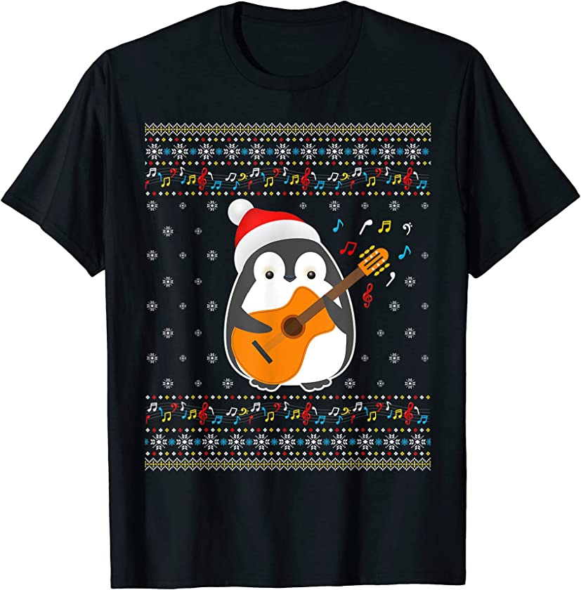 Christmas Ugly Acoustic Guitar Penguin Xmas Family Matching T-Shirt