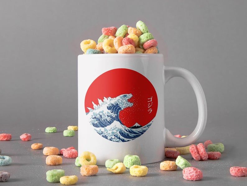 White Mug Godzilla In The Great Wave Off Kanagawa Art Mug Godzilla vs Kong Mug Retro Vintage Mug Premium Sublime Ceramic Coffee Mug H99