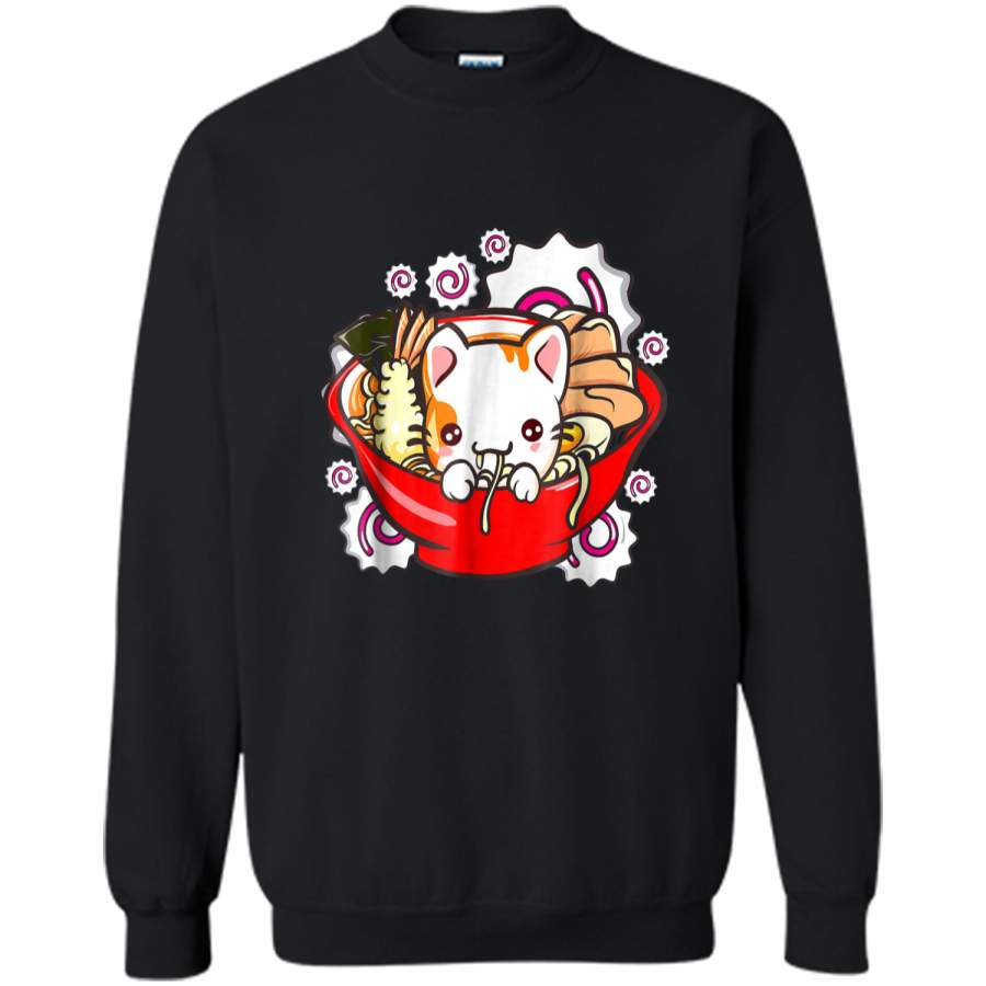 Cute Kawaii Cat Ramen Bowl Japanese Anime Kitten Tee Printed Crewneck Pullover Sweatshirt