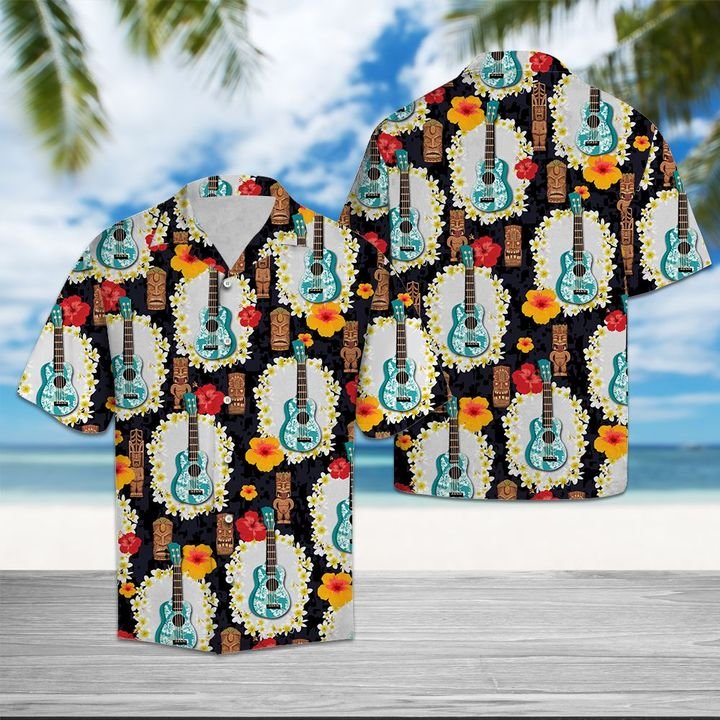 Ukulele Tiki Pattern Hawaiian Shirt Summer Button Up For Men, Women, Couple