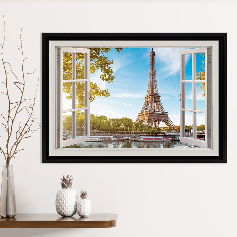 Paris Summer Eiffel Tower 3D Window Bay View Framed Canvas Print – Canvas Painting, Canvas Art, Wall Art, Wall Decor
