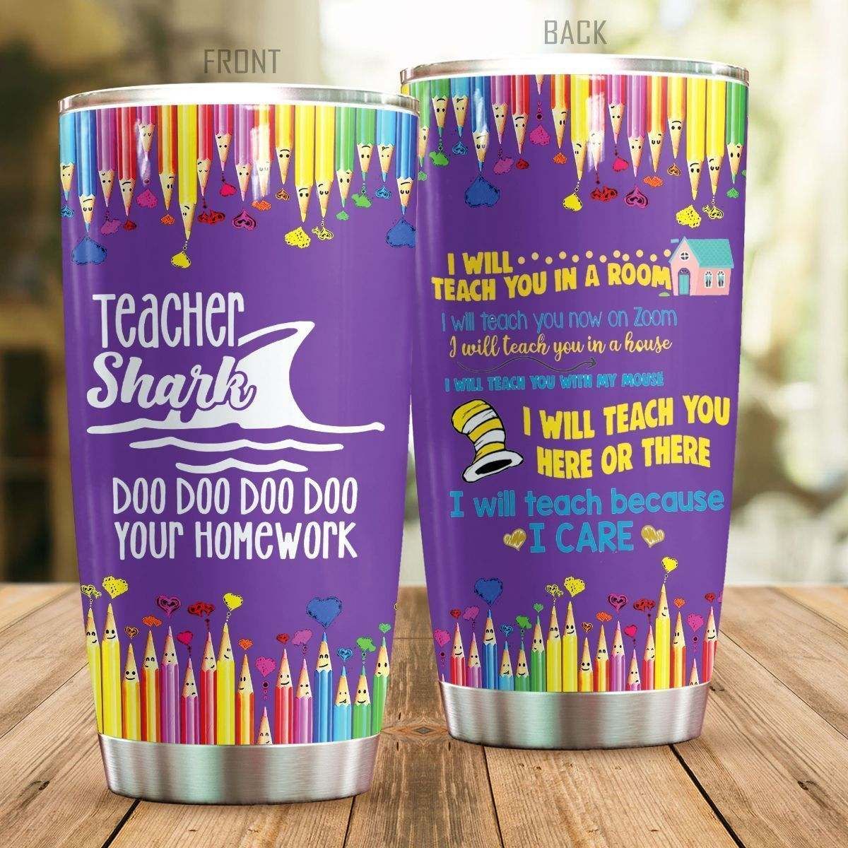 Unifinz Teacher Tumbler 20 Oz Teacher Shark Doo Doo Doo Doo Your Homework Purple Tumbler Cup 20 Oz 2022