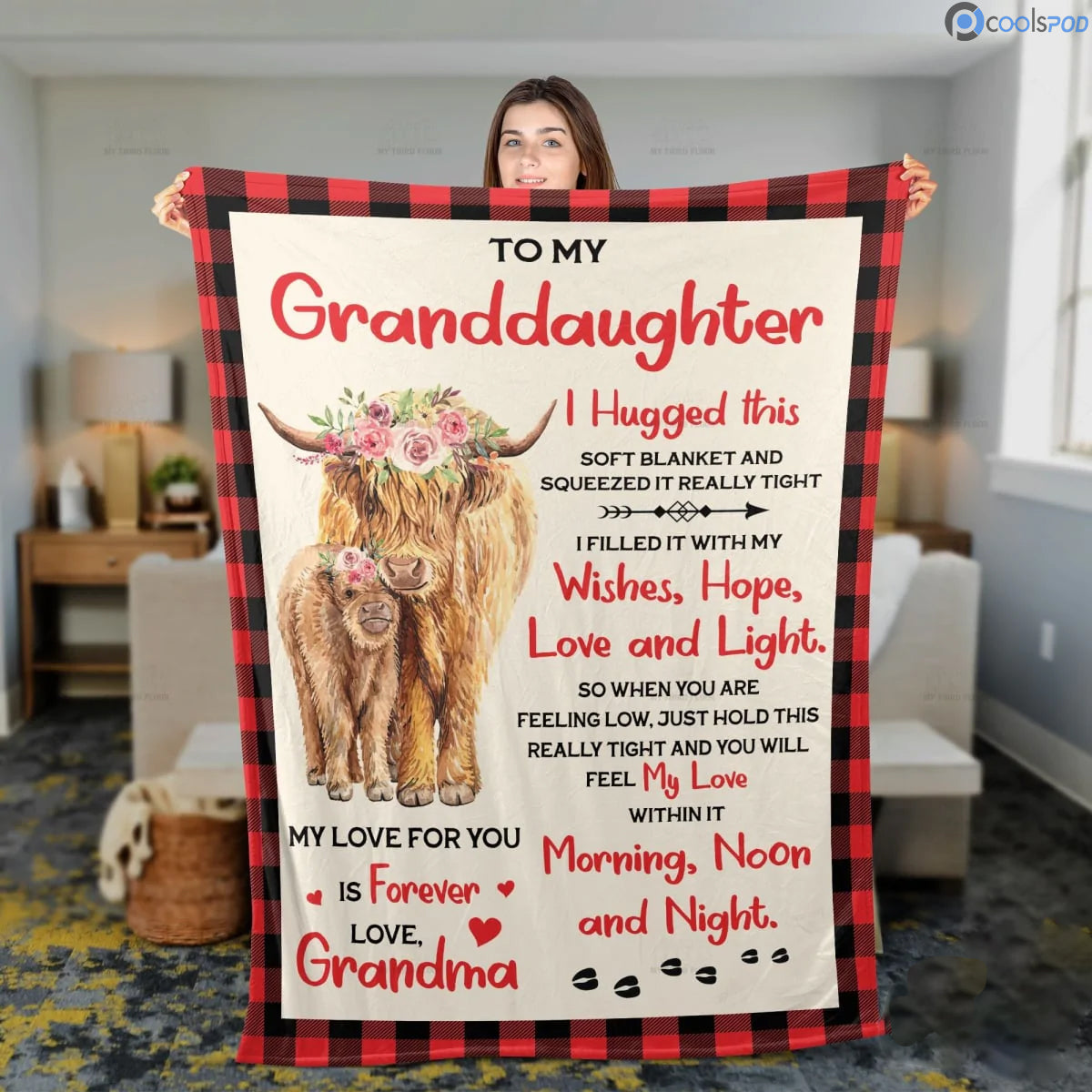 From Grandma To Granddaughter Blanket, Highland Cattle Lovers Premium Blankets For Daughter, I Hugged This Large Blanket