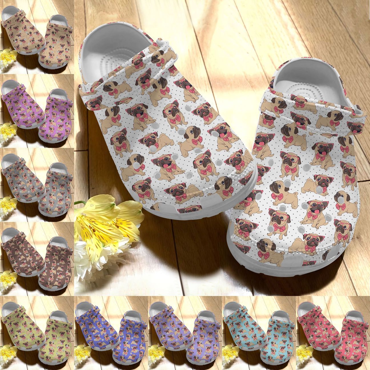 Pug Personalize Clog, Custom Name, Text, Fashion Style For Women, Men, Kid, Print 3D Pugs 7 Bow Tie Pattern