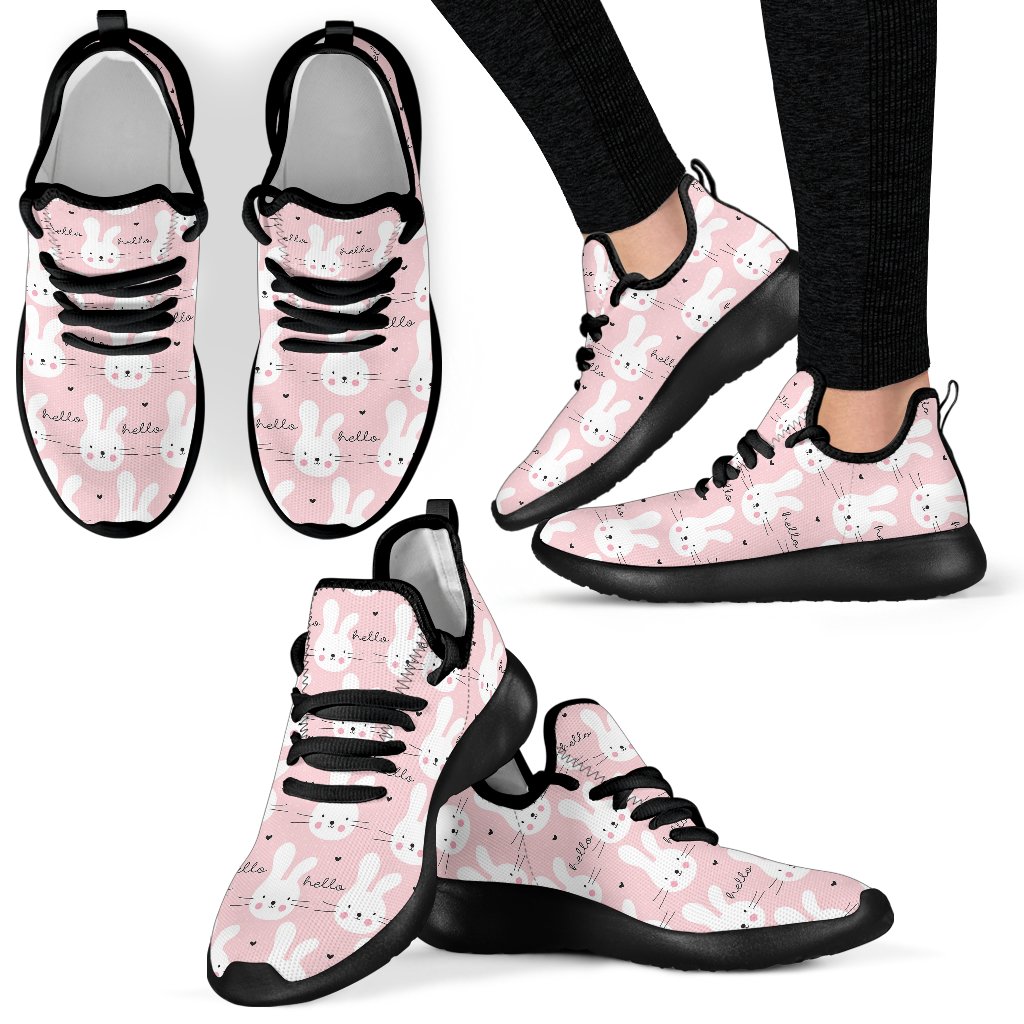 Pink Bunny Rabbit Pattern Print Black Men Women Knit Sneaker