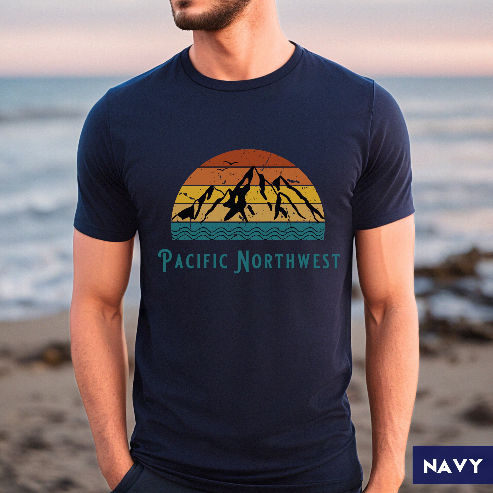 Pacific Northwest Retro Sunset and Mountains Tshirt | Gift For Hiker, Camper, Ocean/Outdoor/Nature/Adventure Lover | Vintage PNW Tee Shirt