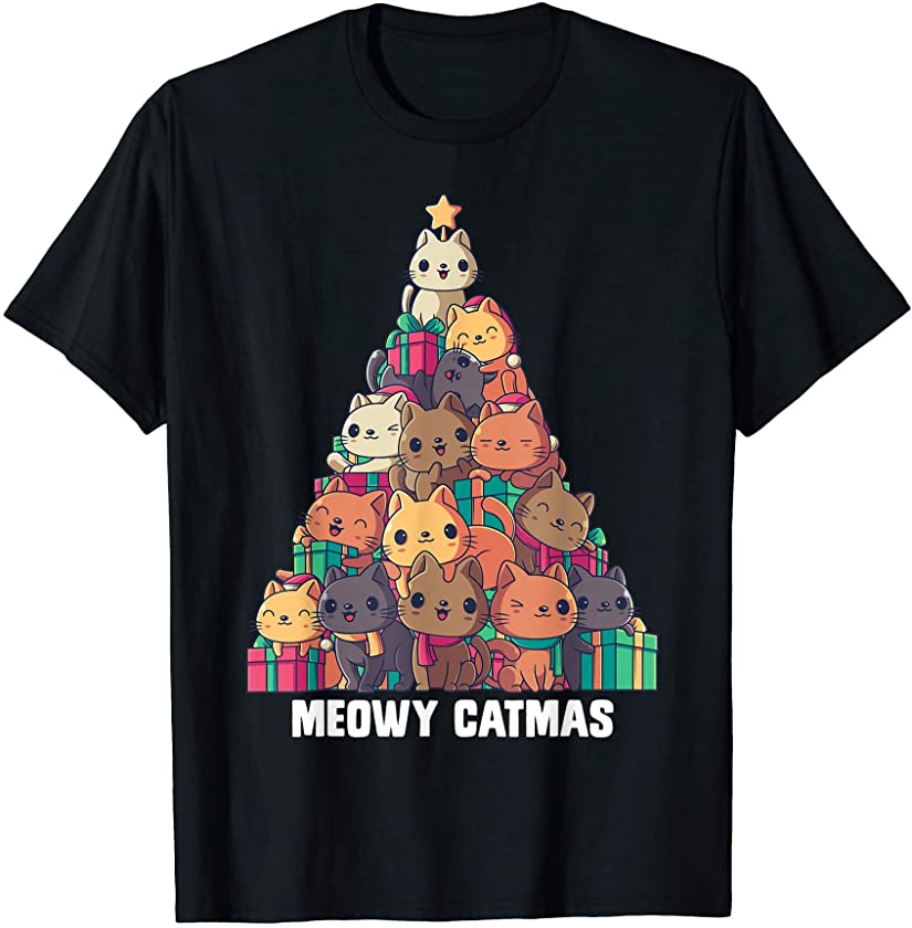 Meowy Catmas Cat Christmas Tree Xmas Kitten Kids Girls Boys T-Shirt