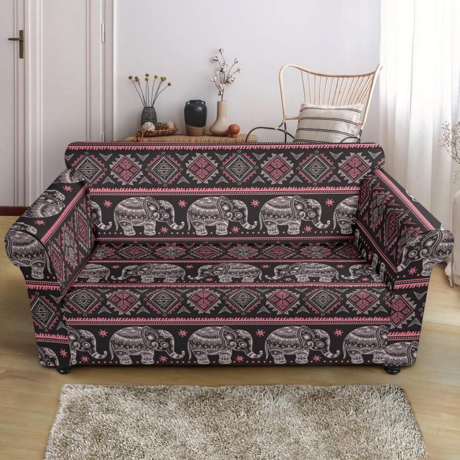 Red Elephant Aztec Pattern Print Loveseat Cover