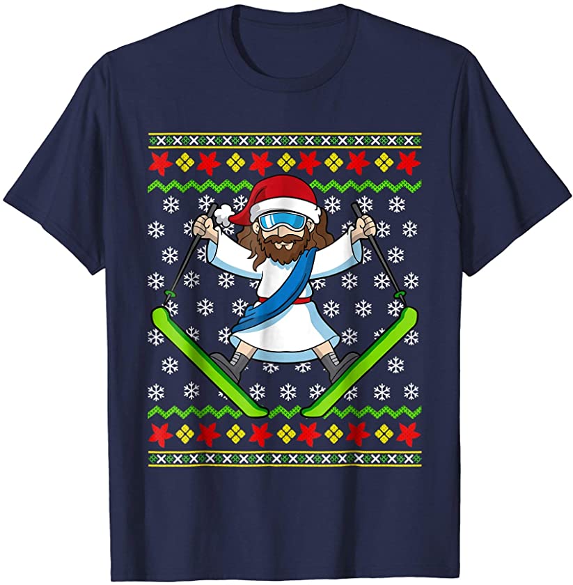 Ugly Christmas Sweater Shirt Kids Jesus Skiing Gift