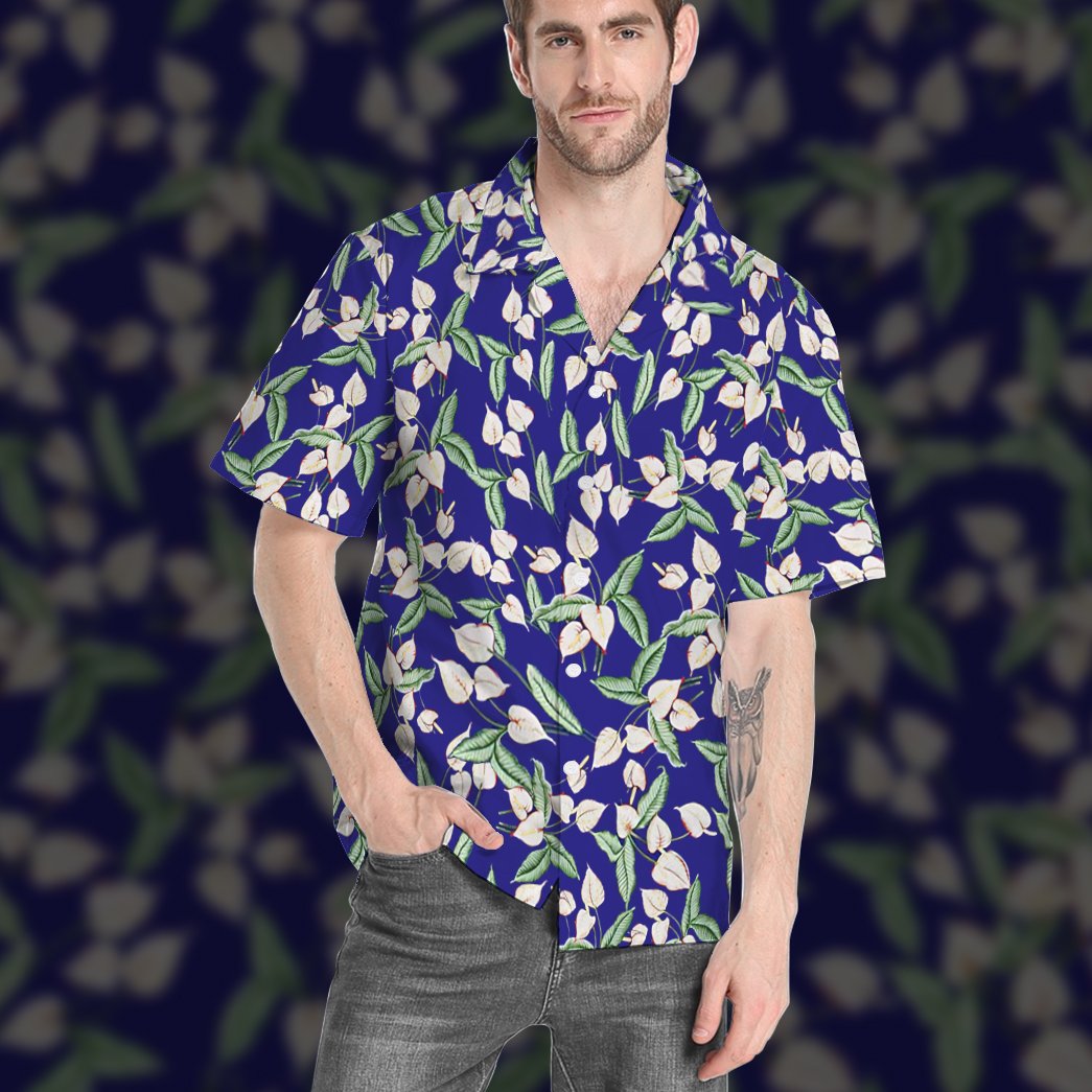 Gearhumans 3D Tom Selleck Magnum Pi Mini Anthurium Blue Custom Hawaii Shirt