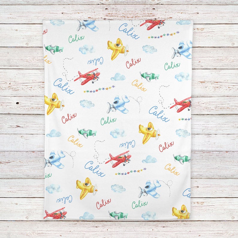 Airplane Baby Blanket, Personalized Baby Blanket Gift, Toddler Blanket, Baby Shower Gift