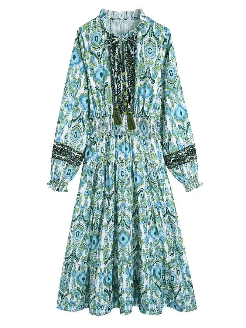 Blue Green Lacing up Tassel Women Dress Print Elastic Waist Elegant 2022 Spring Long Sleeve Midi Dress Female Party Dresses alx