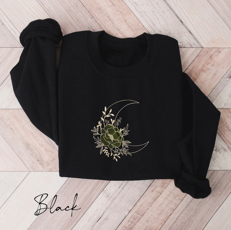 Moon & Rose Embroidered Sweatshirt 2D Crewneck Sweatshirt All Over Print Sweatshirt For Women Sweatshirt For Men Sws4114