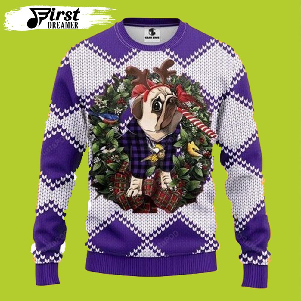 Pug Dog Minnesota Vikings Gift For Fan Ugly Wool Sweater Christmas