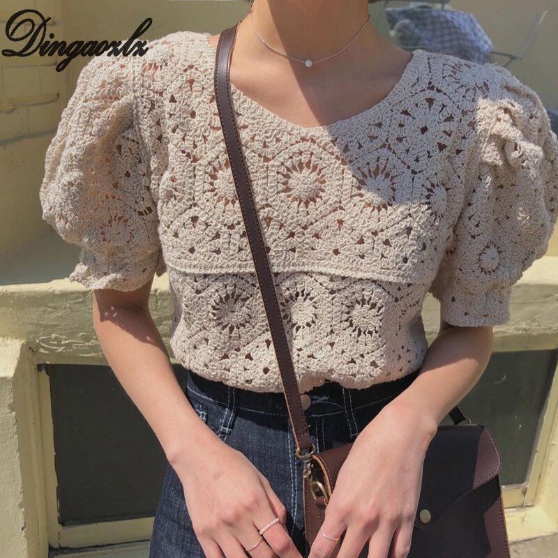 2021 New Vintage Summer Pullover Tops Women Puff sleeve Hollow out shirt Female Retro Perspective Lace blouse alx