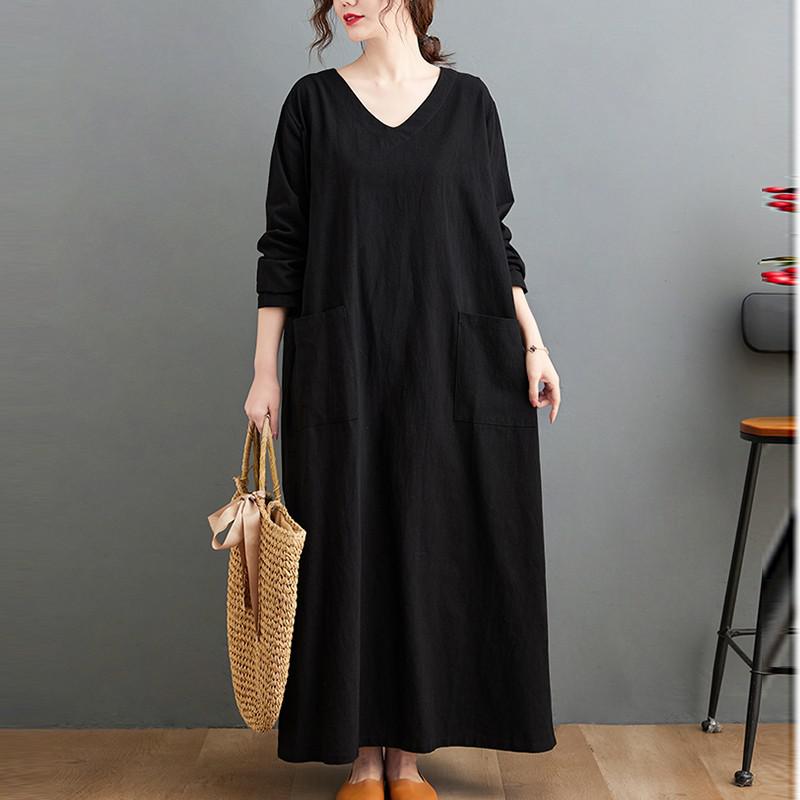 Women Cotton Linen Casual Dress New Arrival 2021 Autumn Arts Style Vintage V-neck Loose Female Long Dresses B1318 alx