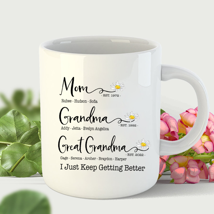 Mom Grandma Great Grandma Flower I Just Keep Getting Better Mug