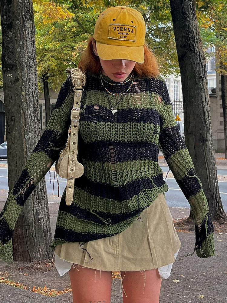 WeiYao Y2K Striped Ripped Out Sweaters O Neck Green Grunge Streetwear Crochet Smock Top Women Vintage Korean Jumpers Autumn alx