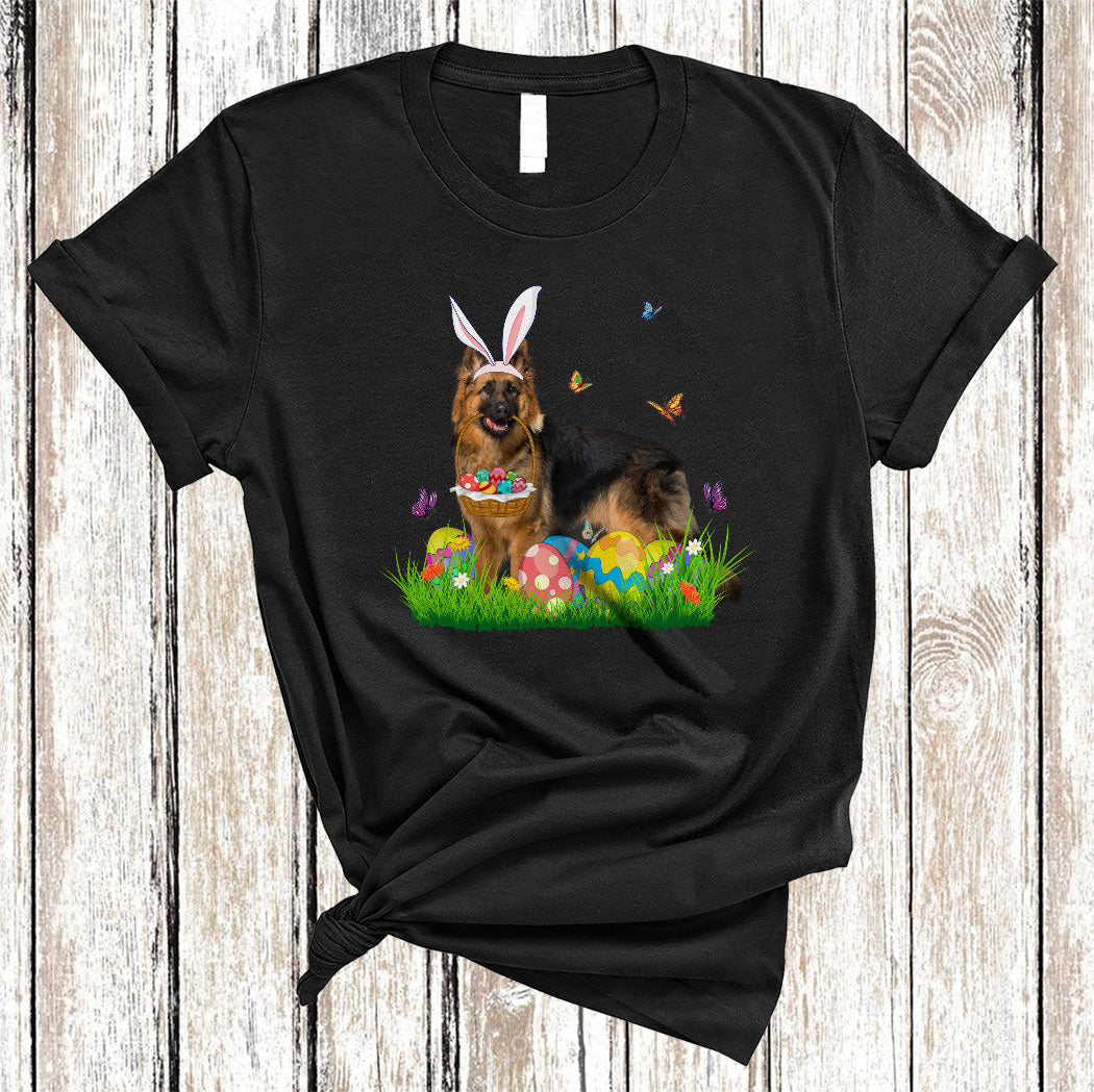 Bunny German Shepherd With Easter Egg Basket Cute Easter Butterfly Flower Egg Hunt Dog Lover T-Shirt