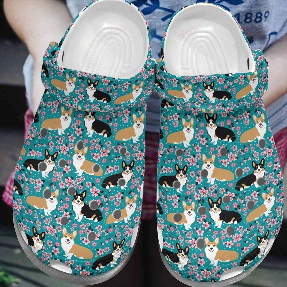 Corgi Crocs Classic Clog Whitesole Corgi Blossoms Shoes