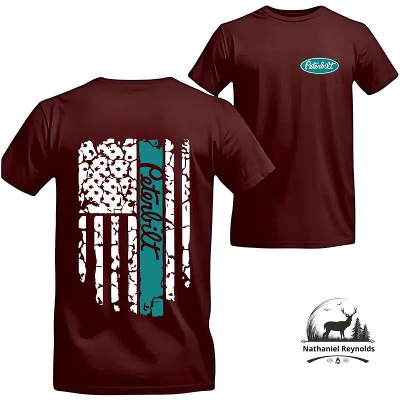 Peterbilt Distressed Flag T-Shirt Cotton Shirt with Small Chest Logo, Large Graphic Showcasing a Bold American Flag Design with Teal Branding on Back, Perfect for Fans of Classic Trucking Apparel